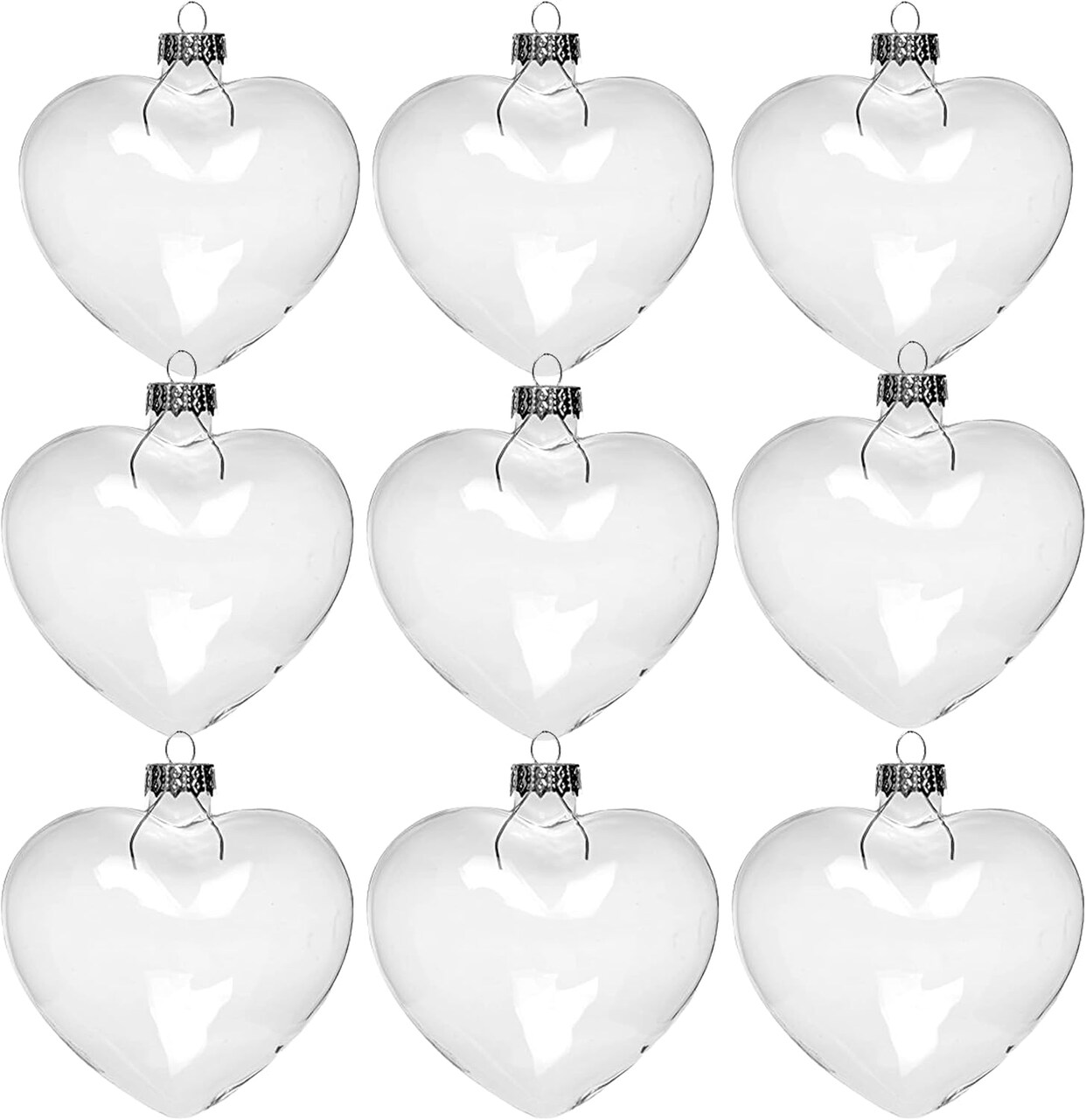 4E's Novelty 12 Pack Clear Fillable Glass Heart Ornaments 60mm for Crafts, DIY Hanging Heart Decorations for Christmas Tree, Handmade Gifts, Holiday Decor, Pre-Strung Glass Hearts
